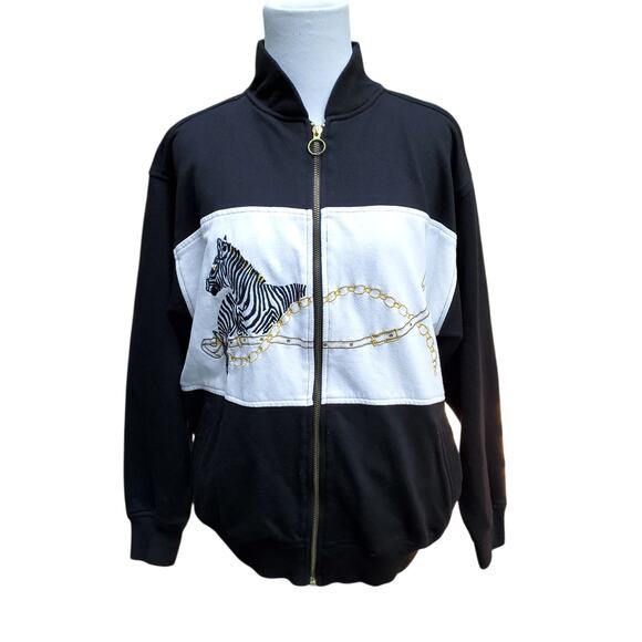 Mureli Jackets & Blazers - Vintage 90s Mureli Full Zip Sweatshirt Jacket Black White Gold Zebra 1990s Sz M